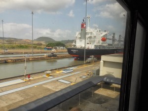 Ship in Miraflores Locks of Panama Canal